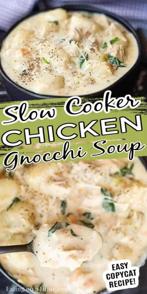 Crock pot olive garden chicken gnocchi soup will satisfy your Olive Garden craving. This creamy and hearty soup is easy and delicious. Make Olive Garden chicken gnocchi soup in crock pot for the best homemade copycat recipe. Chicken and gnocchi soup with heavy cream is easy in the slow cooker. #eatingonadime #olivegardenchickengnocchisoup #crockpot Slow Cooker Chicken And Gnocchi, Cream Of Chicken And Gnocchi Soup, Chicken Gnocchi Recipes Crock Pot, Crockpot Copycat Recipes, Creamy Chicken Gnocchi Soup Crock Pot, Chicken Gnocchi Crockpot Recipes, Crock Pot Gnocchi Recipes, Gnocchi Soup Slow Cooker, Chicken Gnocchi Soup Crockpot