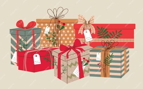 Premium Vector | Vector pile of christmas presents in wrapping paper with ribbon and bows. stack of different presents Christmas Presents Illustration, Christmas Present Illustration, Christmas Tangles, Present Wrapping Ideas, Present Painting, Pile Of Presents, Gift Wrapping Christmas, Stall Design, Poster Project