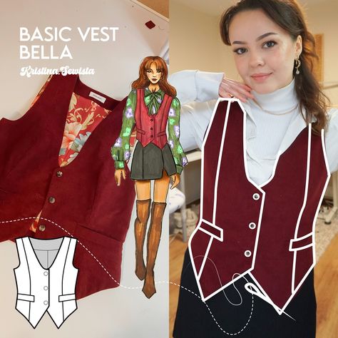 Basic Vest sewing pattern is available in my Etsy store! :) #sewing #sewingpattern #sewingpatterns #sewingproject #sewingtutorial #tailoring #vest #waistcoat Diy Vest Pattern, Vest Pattern Sewing, Waistcoat Sewing, Vest Top Pattern, Diy Vest, Woman Sewing, Vest Sewing, Waistcoat Pattern, Pattern Vest