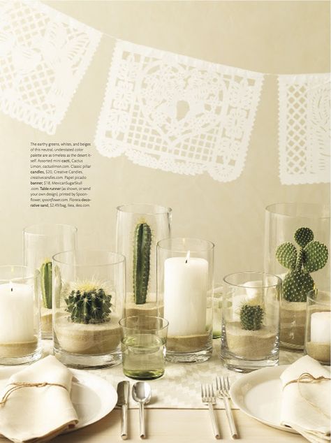 Cactus plants are sturdy in a sandy based hurricane. (Martha Stewart living) Cactus Table Decor, Cactus Centerpiece, Cactus Wedding, Cactus Party, Mexican Party Theme, Succulent Centerpieces, Boda Mexicana, Mexican Decor, Mexican Party