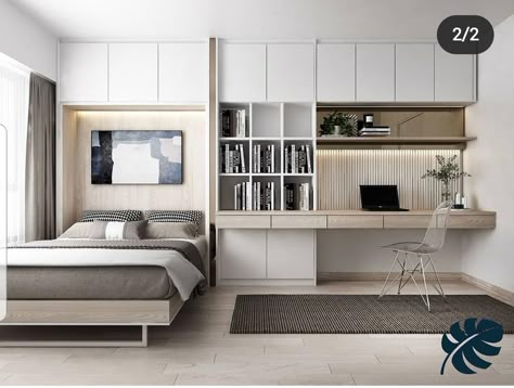 Bookshelf Design For Bedroom, Spare Bedroom With Office, 12 Sqm Bedroom Design, Study And Bedroom Combined, Home Office Bedroom Combo Guest Rooms, Guest Room Office Combo Layout, Office In Bedroom Ideas, Bedroom Ideas With Desk, Home Office In Bedroom Ideas