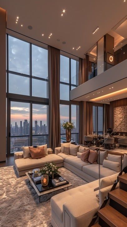 A sophisticated urban living room with sprawling city views through panoramic windows during a serene twilight. Masculine Decor Living Room, Cozy Home Interior, Penthouse Aesthetic, Penthouse Living Room, Modern Luxury Living Room, Penthouse Living, Home Decor Apartment, Home Decor Cozy, Luxury Living Room Decor