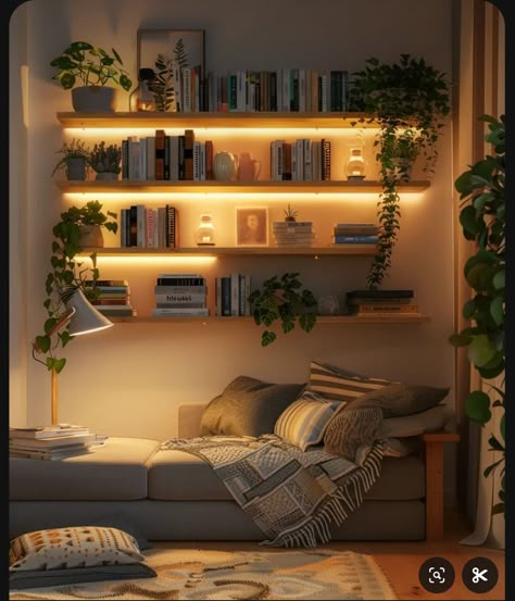 Wall Library Design Modern, Living Room Designs Bookshelves, Bookshelves Ideas Living Room, Shelves Decor Living Room, Living Room Inspo Modern Cozy, Bookshelves Inspiration, Bedroom Wall Shelves, Wall Christmas Decor, Living Room Wall Shelves