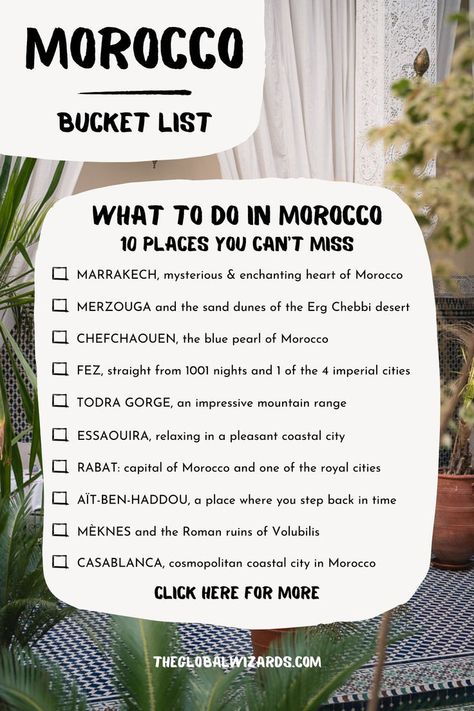 Best places to visit in Morocco for your Morocco bucket list and Morocco travel guide to the most famous places in Morocco and the best Morocco highlights. Morocco Travel Destinations, Morocco Trip, Morocco Photography, Morocco Aesthetic, Marrakech Travel, Morocco Travel, Perfect Itinerary, Famous Places, Travel List