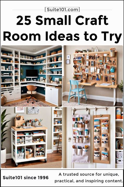 25 Small Craft Room Ideas That Do More With Less Craft Room Shelf Ideas, Elegant Sewing Room, Small Sewing Area Ideas, Small Closet Craft Room Ideas, Wall Shelves For Craft Room, Craft Room Small Space Ideas, Small Craft Space Ideas Workspaces, Modern Craft Room Ideas, Classy Craft Room