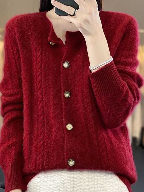 Knitted Buttons, Vino Color, Cheap Cardigans, Elegante Casual, Button Sweater, Cardigan Sweater Jacket, Knit Style, Fall Fabric, Casual Stylish