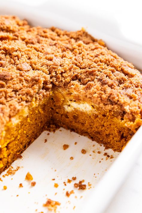 Pumpkin Coffee Cake with Cheesecake Swirl Pumpkin Spice Coffee Cake, Spice Coffee Cake, Chocolate Chip Coffee Cake, Gluten Free Apple Cake, Cinnamon Streusel Topping, Pumpkin Coffee Cake, Cake Portions, Cake With Cinnamon, Pumpkin Coffee Cakes