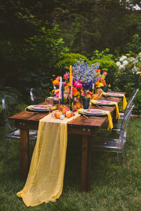 Yellow Reception, Pink Yellow Weddings, Phoenix Backyard, Colorful Reception, Picnic Table Decor, Reception Table Decor, Wildflower Wedding Theme, Colorful Table Setting, Bright Wedding Colors