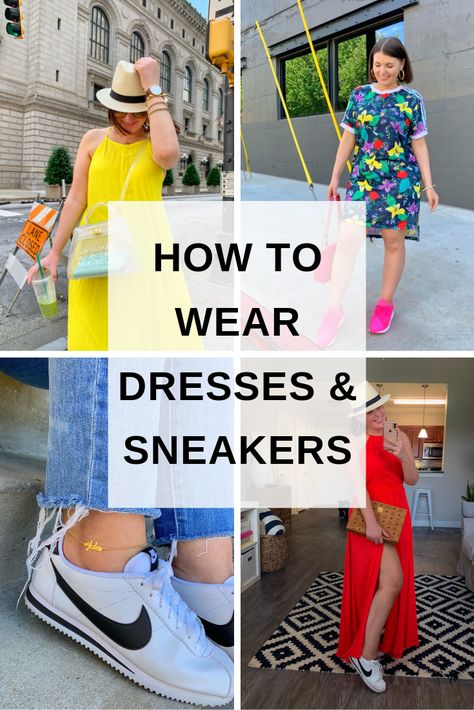 Green Dress Sneakers Outfit, Dress Casual With Sneakers, Dress Snickers Outfit, Tennis With Dress Outfit, Tennis And Dress Outfits, Casual Summer Dress Outfits 2023, Dress With Sneakers Outfit Summer, Jean Outfit With Sneakers, Cute Sneaker Outfits Summer