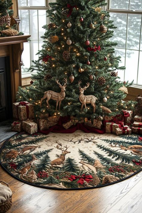 Woodland Christmas Tree Ideas, Woodsy Christmas Decor, Vintage Christmas Tree Ideas, Rustic Xmas Tree, Farm Christmas Tree, Christmas Skirts, Woodsy Christmas, Rustic Christmas Tree Ideas, Rustic Christmas Decorations