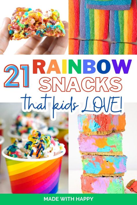 Enjoy a rainbow treat or snack with these fun and colorful snack ideas! From fruit parfaits to rainbow cupcakes, these tasty treats are perfect for birthday parties, summer picnics, and any occasion that needs a pop of color. These fun ideas are perfect for all kinds of parties, birthday celebrations, summer fun, and more! Color Snacks Preschool, Rainbow Birthday Party Snacks, Rainbow Birthday Party Food, Rainbow Bagel Recipe, Rainbow Party Games, Edible Crayons, Fruit Parfaits, Rainbow Fruit Skewers, Rainbow Bread