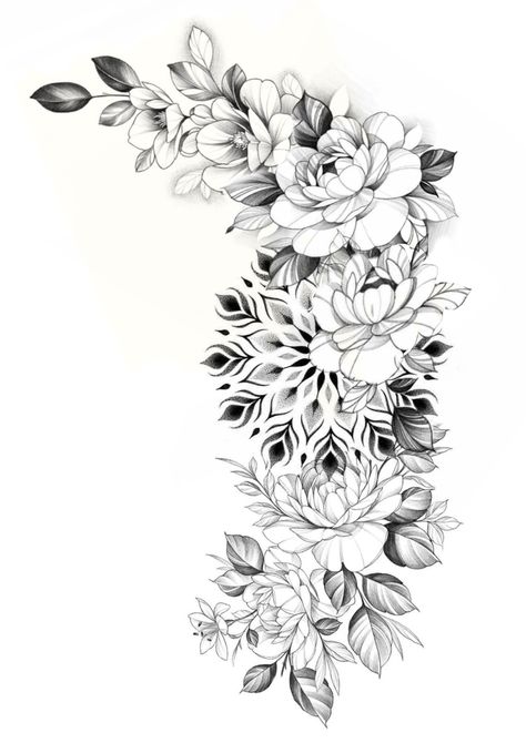 Floral Tattoo Design Drawings, Flower Cover Up Tattoos, Tato Mandala, Realistic Flower Tattoo, Shoulder Cap Tattoo, Shoulder Sleeve Tattoos, Floral Mandala Tattoo, Mandala Tattoo Sleeve, Mandala Flower Tattoos