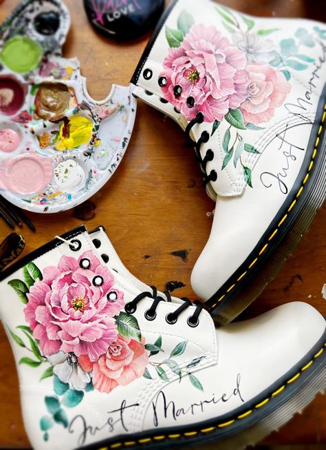 Painted Docs Doc Martens Wedding, Wedding Doc Martens, Painted Doc Martens, Custom Doc Martens, Hand Painted Boots, Painted Boots, Irish Wedding Traditions, Wedding Dr, Hand Painted Shoes