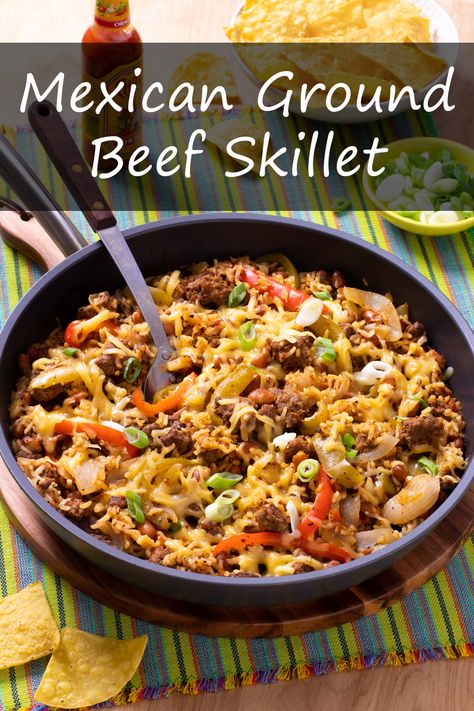 Mexican Ground Beef Skillet Mexican Beef Skillet, Mexican Ground Beef Skillet, Ground Pork Skillet Recipes, Mexican Skillet Dinner, Ground Beef Skillet Recipes, Easy Cheap Dinners, Ground Pork Recipes, Beef Brisket Recipes, Ground Meat Recipes