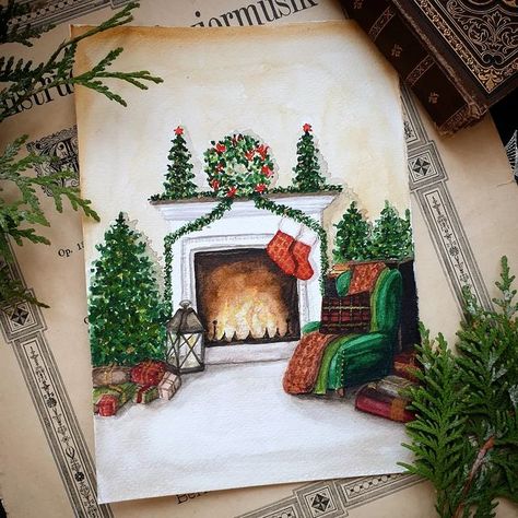 Winter Fireplace, Fireplace Drawing, Cozy Fireplace, Time Of The Year, Christmas Paintings, Watercolor Illustration, Fireplace, Tapestry, Drawings