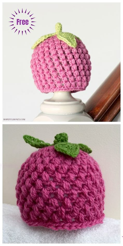 Crochet Baby Raspberry Hat Free Crochet Pattern Hat Free Crochet Pattern, Crochet Baby Ideas, Crochet Baby Hat Patterns, Crochet Baby Hat, Crochet Beanies, Crochet Hat Free, Baby Hat Patterns, Bonnet Crochet, Crochet Beanie Hat