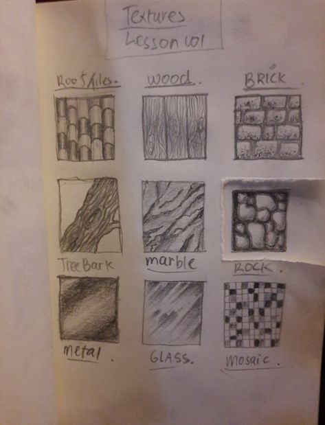 Marble Texture Drawing, Wood Texture Sketch, Architecture Texture Drawing, Glass Texture Drawing, Metal Texture Drawing, Different Textures Drawing, Texture Drawing Ideas, Elements Of Design Texture, Textures Drawing