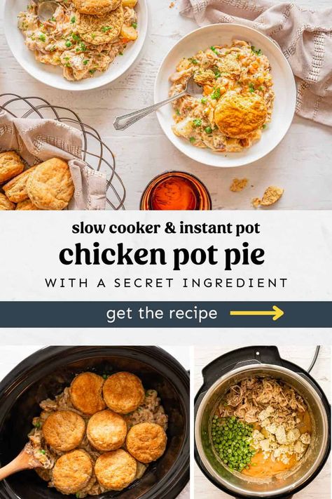 Our crock pot chicken pot pie recipe is creamy, dreamy, veggie-rich, and super easy to make. My family will eat it with or even without the yummy biscuit topping--it's that good. Try this easy recipe for the perfect family weeknight dinner. Slow Cooker Pot Pie Chicken, Chicken Pot Pie Filling Instant Pot, Chicken Pot Pie Instant Pot, Instapot Chicken Pot Pie, Instant Pot Chicken Pot Pie, Chicken Pot Pie Crock Pot, Croc Pot Chicken Pot Pie Easy Recipes, Chicken Pot Pie Crock Pot Healthy, Instant Pot Chicken Pot Pie Healthy