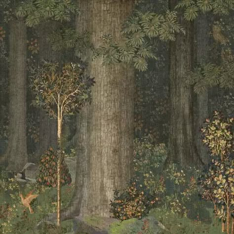 Medieval Forest Art, Forest Folk Art, Forest Medieval, Into The Woods Aesthetic, English Cottage Wallpaper, Old Fairytale Illustration, Medieval Art Illustration, Medieval Background, Woodland Aesthetic