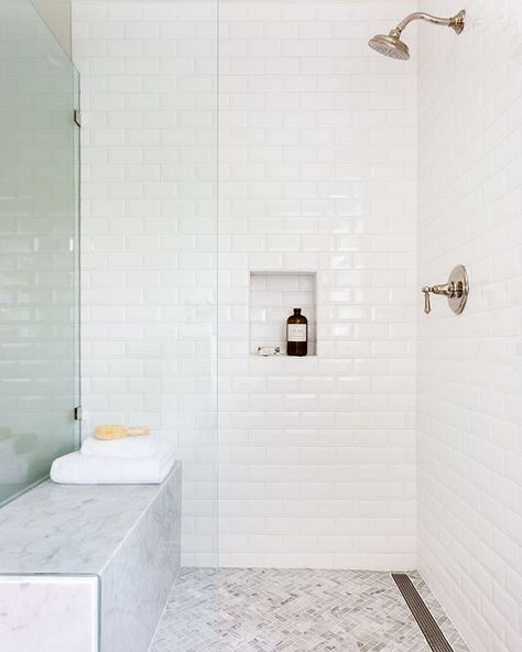 Pearly White Bathroom Tiles, Beveled Subway Tile Shower Ideas, Bevelled Subway Tile Bathroom, Bevel Subway Tile Bathroom, Spa Like Shower Ideas, Beveled Subway Tile Bathroom, White Beveled Subway Tile, Tiled Bathroom, Beveled Subway Tile