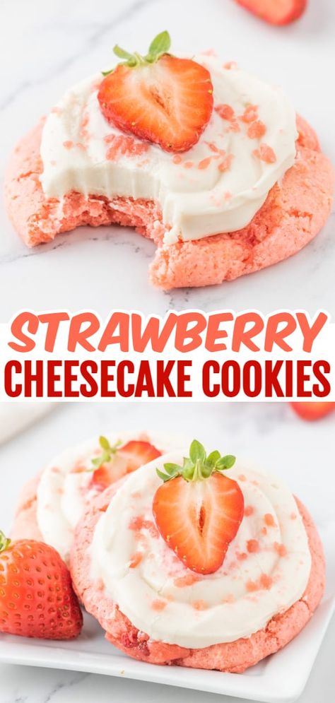 Strawberry Cheesecake Cookies, Homemade Cream Cheese Frosting, Strawberry Cake Mix Cookies, Crumble Cookie Recipe, Fresh Strawberry Recipes, Homemade Cream Cheese, Strawberry Cake Mix, Strawberry Dessert Recipes, Cake Mix Cookie Recipes