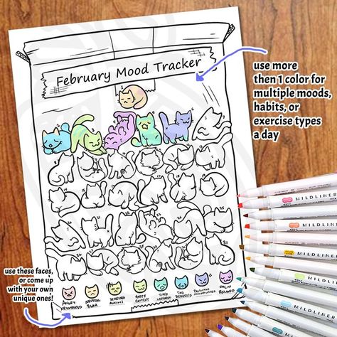 Cats Mood Tracker / Habit Tracker / Exercise Tracker Printable | Etsy Mode Tracker, Cats Mood, Bullet Journal Template, Mood Tracker Printable, Mood Chart, Printable Bullet Journal, Scrapbook Club, April Bullet Journal, Tracker Ideas