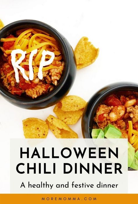 This Halloween Chili Dinner recipe is perfect for warming up your Halloween night. Even better, it’s packed with veggies and will fuel your family for a fun night of trick-or-treating! | MoreMomma! Tasty recipes Halloween Night Dinner, Halloween Chili, Turkey Chili Recipe Easy, Easy Turkey Chili, Chili Dinner, Dinner Party Appetizers, Hidden Vegetables, Chili Recipe Turkey, Festive Dinner