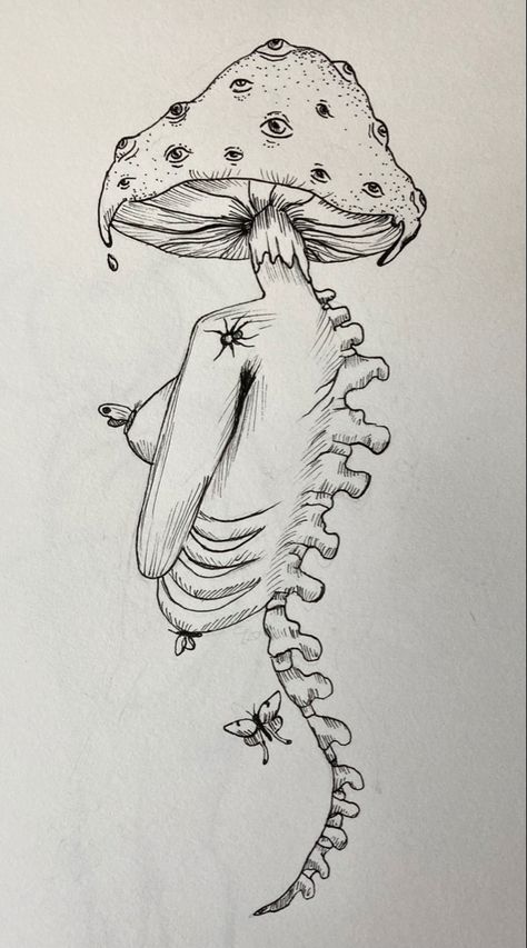 Trippy mushroom art. Female body. Skeleton spine. Moth and bug tattoo idea. Surreal mushroom drawing. Trippy Mushroom, Weird Drawings, Creepy Drawings, Drawing Ideas Easy, Arte Grunge, Mushroom Drawing, Grunge Art, Arte Sketchbook, Mushroom Art