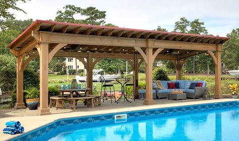 Gazebo Ideas Pool Side, Pool Pergolas Cabanas, Outdoor Living Pavilion, Large Gazebo Ideas, Custom Gazebo Ideas, Pavilion By Pool, Outdoor Pool Gazebo Ideas, Pool Pavillion Backyard, Pool Pavilion Ideas With Bathroom