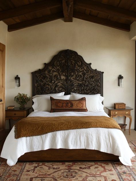 Unlock 22 Mediterranean Bedroom Ideas You’ll Love - Spanish Style Bedroom Ideas, Spanish Headboard, Spanish Style Bedrooms, Italian Farmhouse Bedroom, Spanish Bedroom Ideas, Greek Bedroom Aesthetic, Spanish Mediterranean Bedroom, Italian Inspired Bedroom, Spanish Revival Bedroom