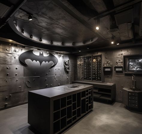 Batman Cave Ideas, Batman Gaming Setup, Marvel Man Cave Ideas, Batcave Mancave, Batcave Aesthetic, Batman Man Cave, Batman House, Batman Cave, Superhero Aesthetic