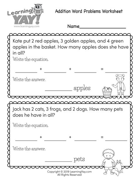 First graders can practice decoding addition word problems into algebraic equations with this free printable worksheet. They are asked to add three whole numbers whose sum is less than 20 in order to solve simple math problems. It’s an easy way for children to build their critical thinking skills. Solving Word Problems First Grade, Simple Math Word Problems, Basic Algebra Worksheets, Word Problems Kindergarten, First Grade Addition, Algebraic Equations, 3rd Grade Words, Kindergarten Math Worksheets Addition, First Grade Words