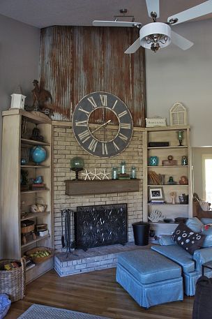 Corregated metal roofing on walls. Fireplace Drawing, Simple Fireplace, Cabin Fireplace, Barn Tin, Fireplace Update, Build A Fireplace, Shiplap Fireplace, Double Sided Fireplace, Concrete Fireplace