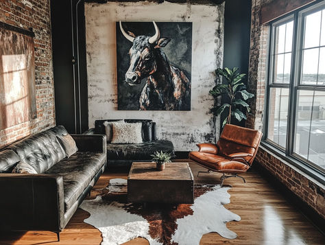 A moody modern industrial loft style airbnb apartment bedroom in Nashville with modern cowboy art Industrial Loft Living Room, Boy Apartment, Modern Industrial Loft, Airbnb Apartment, Loft Living Room, Moody Modern, Modern Cowboy, Living Room Loft, Loft Living