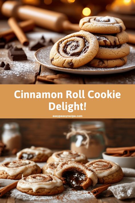 Plate of cinnamon roll cookies with chocolate drizzle and powdered sugar, with baking ingredients in the background. Pumpkin Spice Roll Cookies, Cinnamon Roll Cookie Recipes, Cookies Cinnamon Roll, Recess Cookies, Crescent Roll Cookies, Cinnamon Roll Cookies Recipe, 2024 Cookies, Girls Hangout, Cake Pastries