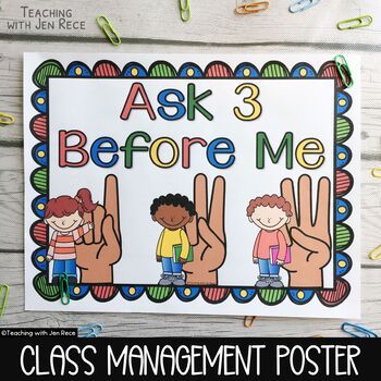 Are you looking to reduce the number of "teacher, what do we do?" questions? Gently remind your students to seek help from 3 of their peers before asking you with this eye-catching classroom management poster! If a student fails to ask 3 peers before you, simply point to this poster and they will be... Ask 3 Before Me Poster, 3 Before Me Poster, Ask 3 Before Me, 3 Before Me, School Behavior Chart, Do Questions, Management Poster, Cute Classroom Ideas, Class Rules Poster