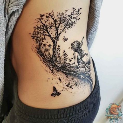 Enchanted Sleeve Tattoo, Mystical Nature Tattoo, Enchanted Tree Tattoo, Garden Fairy Tattoo Designs, Fairy Scene Tattoo, Fairy Forest Tattoo, Woodland Fairy Tattoo, Fairy Garden Tattoo Sleeve, Fairy Tattoos For Women