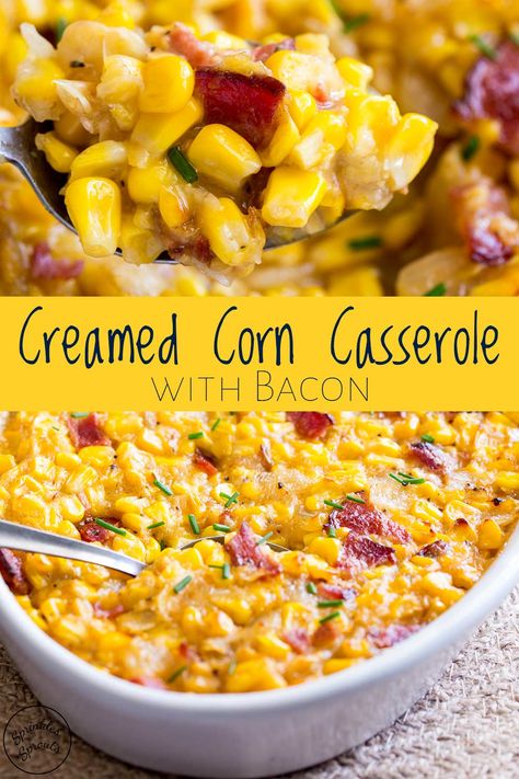 This Baked Creamed Corn Casserole with Bacon is a little different to the standard corn casserole; this version doesn't have any flour in it, making it naturally gluten free, plus it uses creamed corn to make a delicious creamy sauce without the need for cream or butter. So really this is a healthy option, well if you discount the crispy bacon that is generous stirred through and sprinkled on top. Such an easy make ahead side dish perfect for Thanksgiving. #thanksgivingsidedish #creamedcorn Corn Casserole With Bacon, Baked Creamed Corn, Baked Creamed Corn Casserole, Creamed Corn Casserole, Casserole With Bacon, Creamy Corn Casserole, Corn Recipes Side Dishes, Thanksgiving Side Dishes Healthy, Cream Corn Casserole