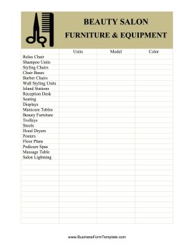 Sections for units, model and color are available to fill in in this free, printable inventory card for beauty salons when organizing furniture and equipment. Some possibilities are chairs, desks, tables, stools, dryers and stations. Free to download and print Hair Salon Printables Free, Hair Salon Equipment Checklist, Salon Equipment Checklist, Organizing Furniture, Cosmetology Business, Salon Goals, Salon Business Plan, Salon Decor Ideas, Home Hair Salons