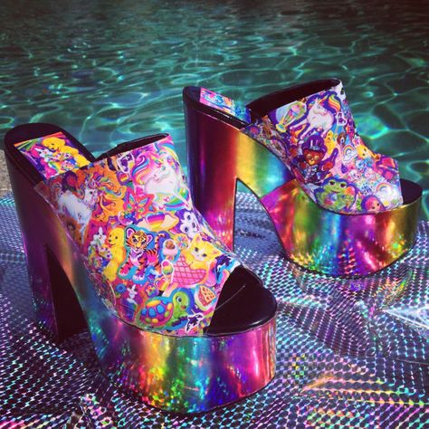 Rainbow Heels, Wedge Slides, Glam Punk, Lisa Frank Stickers, Lisa Frank, 90s Nostalgia, Platform Wedge, Crazy Shoes, Shoe Lover