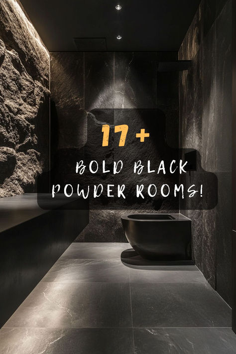 Thinking about a bold makeover? Click to discover 17 black powder room designs that add drama and sophistication to any home! 🖤🚽 #BlackPowderRoom #BoldDesigns #HomeDrama #SophisticatedSpaces #InteriorDesign Black Walls Powder Room, Black And Gold Powder Room Ideas, Black Powder Rooms, Dark Blue Powder Room Ideas, Dramatic Powder Room Ideas, Dark Bathroom Walls, Dark Half Bath, Power Room Ideas, Luxury Powder Rooms