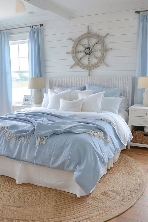 Coastal Comforter Sets, Beach Aesthetic Bedrooms, Coastal Bed Sheets, Beach Bed Rooms, Coastal House Bedroom, Girly Coastal Bedroom, Southern Coastal Bedroom, Beach Theme Bedroom Ideas Coastal Style, Greece Room Aesthetic