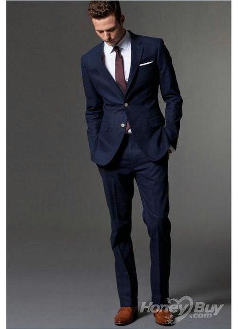 This is very similar to the style I want my husband and the groomsmen to wear. I want a navy suit that is as close as possible to the midnight color of the bridesmaids dresses with an orchid tie; the groomsmen and bridesmaids would match. However, to distinguish my husband, I would want a patterned tie or a midnight colored tie for him. Men Attire, Terno Slim, Don Pedro, Dark Blue Suit, Suit For Men, Navy Blue Suit, Wedding Groomsmen, Suit Men, Groomsmen Suits