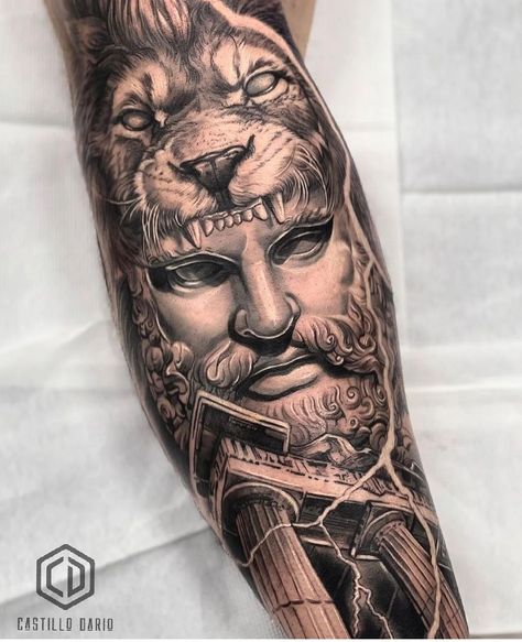 Korosh Kabir, Greek Methodology, Best Realism Tattoo, Lion Leg Tattoo, Hercules Tattoo, Zeus Statue, Greek God Tattoo, Tattoo Ideas Males, Atlas Tattoo