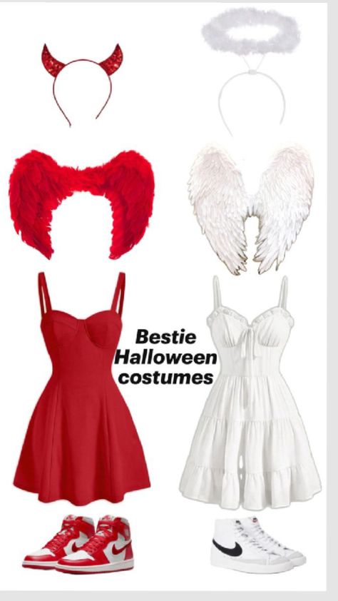 what me and my besties for the restie are being (I'm the angel she's the devil) 😇😈 What To Be On Halloween Costume, Devil And Angles Costumes Couple, Halloween Costumes For You And Your Bff, Halloween Costume Ideas Sisters, Devils And Angels Costume, Angel Devil Costume Friends, Halloween Costumes With Your Best Friend, Halloween Costumes Warm Clothes, Duos Halloween Costumes Bff