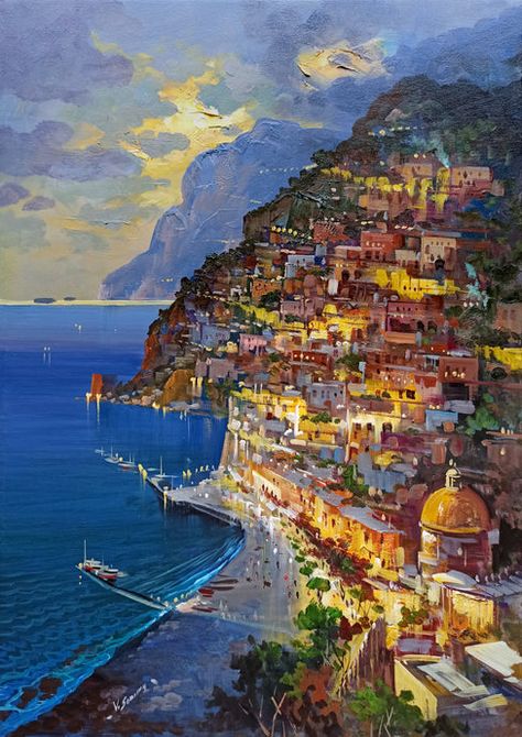 Positano Painting, Italian Paintings, Italy Landscape, Handmade Frame, Italy Painting, Italian Landscape, Historical Places, Italian Painters, Italy Art