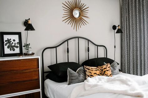 White Bed Black Pillows, Sagstua Bed Ideas, Ikea Sagstua Bed, Sagstua Bed, Affordable Bed Frame, Bed Sconces, Affordable Bed Frames, Layered Bedding, Ivory Bedding