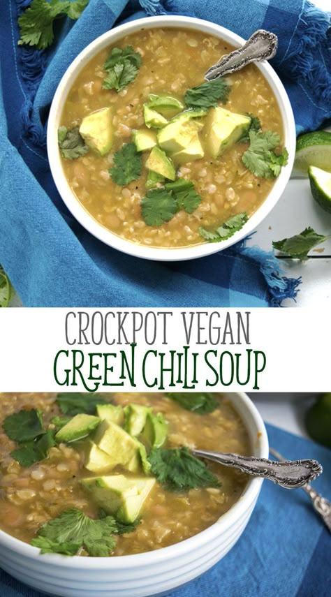 CrockPot Vegan Green Chili Soup is a hearty vegan green chili. Top this chili with creamy diced avocado and cool cilantro for the best flavor ever! Vegan Green Chili, Vegetarian Green Chili, Green Chili Soup, Soup Sunday, Green Chili Stew, Crockpot Vegan, Green Chili Recipes, Soup Hearty, Vegan Crockpot Recipes