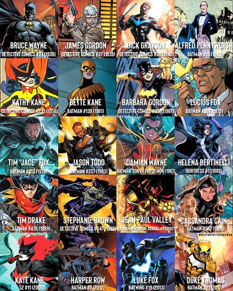 History of The Batman Batman Images, Bat Family Members, Lucius Fox, Duke Thomas, Helena Bertinelli, Harper Row, Batman Pictures, Cassandra Cain, Stephanie Brown