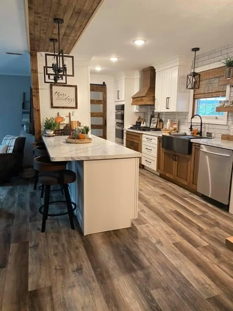 Kitchen Remodel Manufactured Home, 2023 Mobile Homes, Mobile Home Inspiration, Mobile Home Farmhouse Remodel, 1960 Ranch House Remodel, Double Wide Kitchen Remodel, 1960s Ranch House Remodel, One Wall Kitchen Layout, Mobile Home Bathroom Remodel